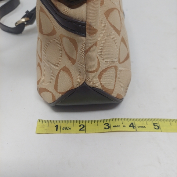 Liz Claiborne Vintage Y2K Tan Canvas Geometric Print Black Leather Shoulder Bag - Picture 10 of 14